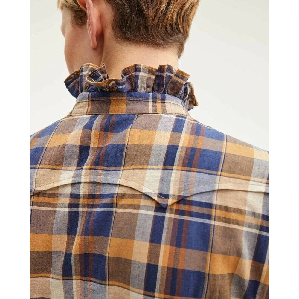 NILI LOTAN Feora Blue/Tan Plaid RuffleNeck Top NWT - Picture 4 of 10